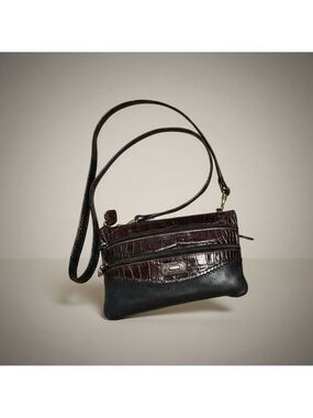 Brighton One Size Black Brown Croc Embossed Leather Crossbody Bag